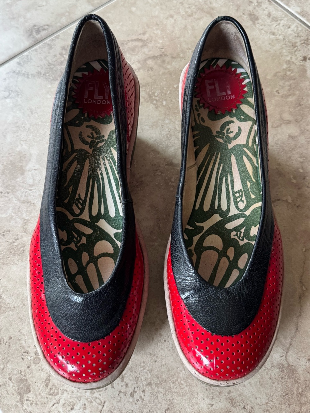 Fly London Red & Black Yoko Perforated Wedge Size EU 37 US 6.5 - 7